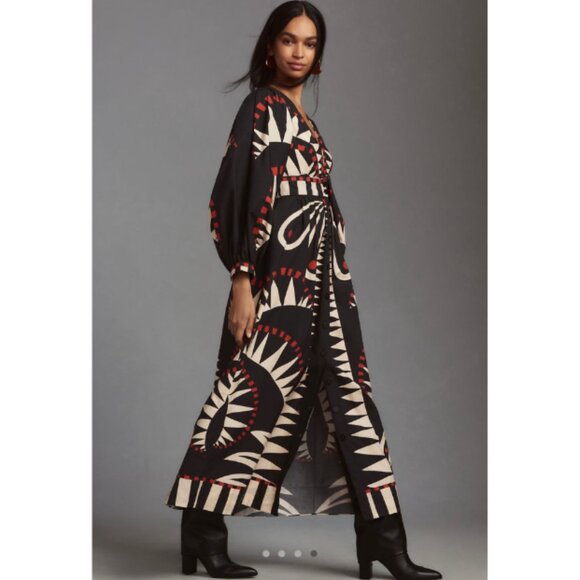 Farm Rio Coconut Grove Puff Sleeve V-Neck Maxi Dress Black Women's Size XS - Picture 2 of 9